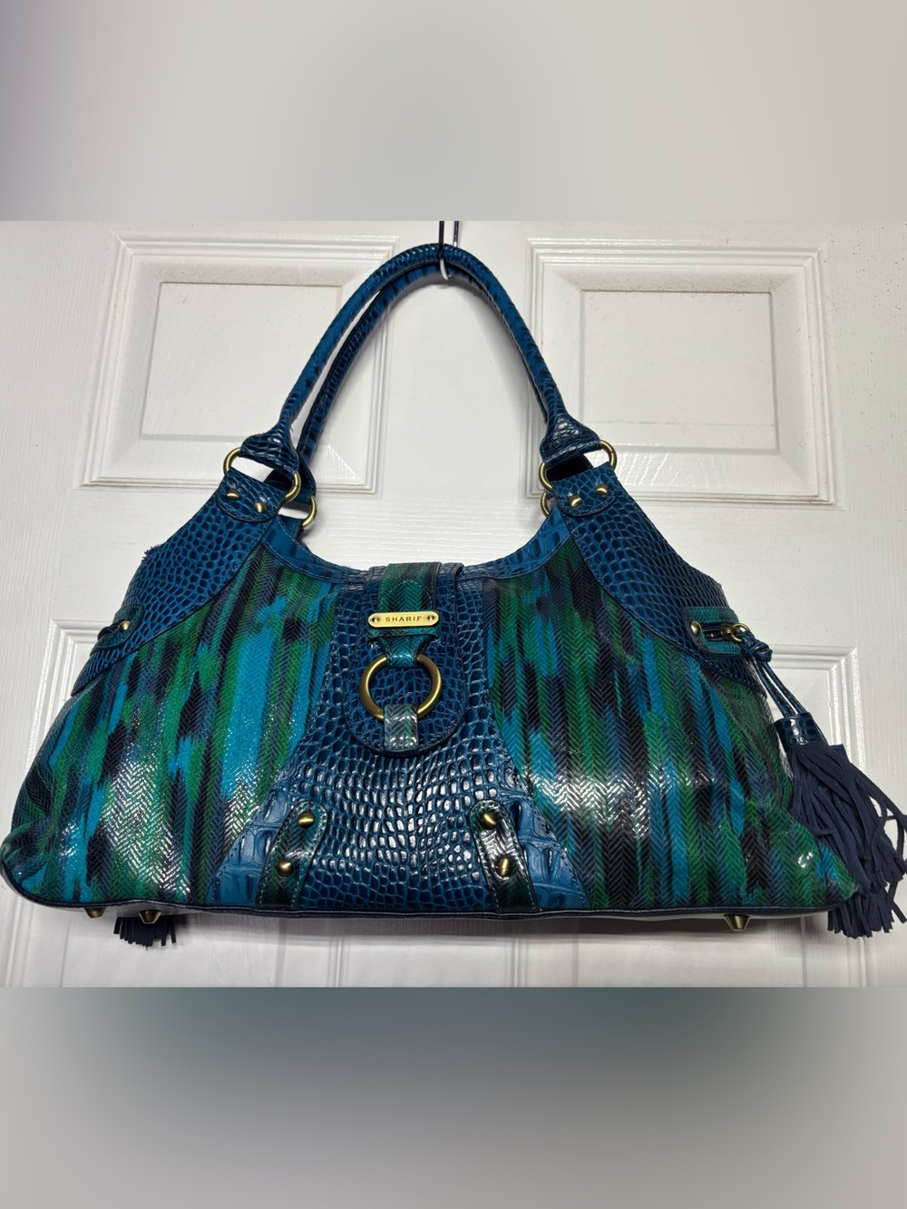 Sharif Blue-Green-Teal Croc-Accent Shoulder Bag with Tassels